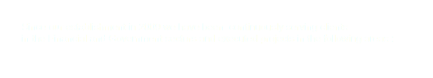  Since our establishment in 2009 we have been continuously serving clients in the Financial and Government sectors and executed projects in the following areas : 